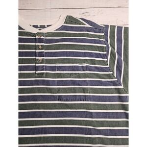 Vintage 90s Oversized Striped Henley Shirt XXL Boxy Casual Green Blue Normcore